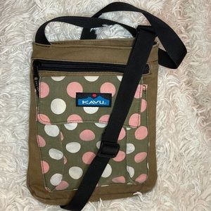 Kavu Crossbody Purse Army Green Pink White Polka Dots Adjustable Strap Used